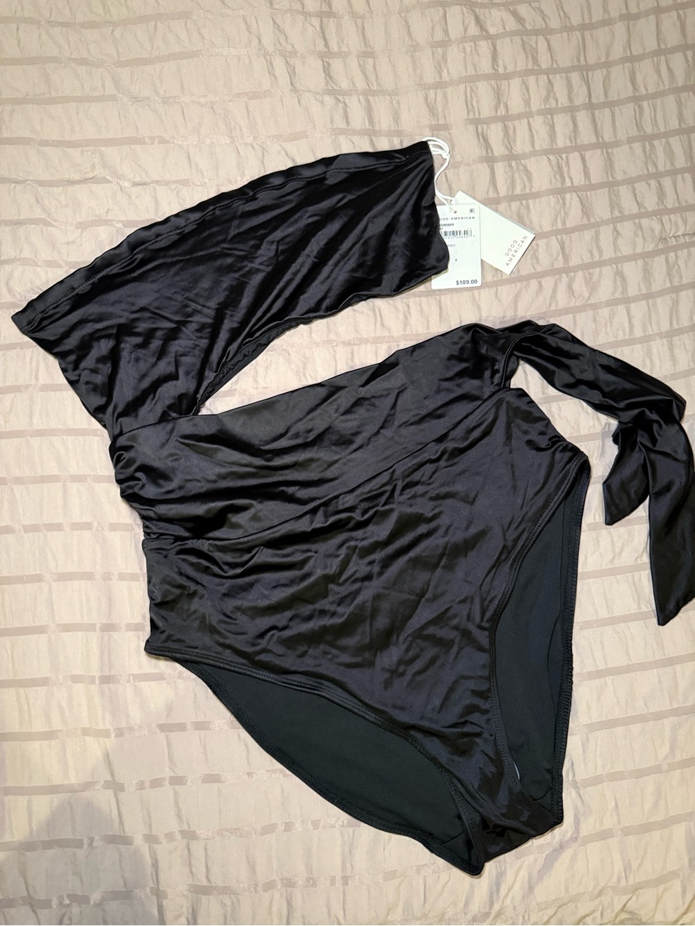 Good American Black One-Shoulder Satin Swimsuit